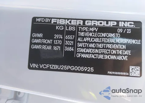 2023 Fisker Ocean One z USA, uszkodzony, nr VIN VCF1ZBU25PG005925